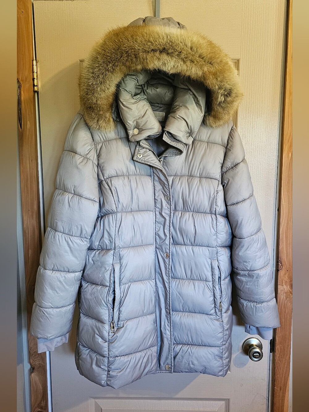 MICHAEL KORS Faux Fur Trim Hood A-Line Puffer Jacket, Nickel, Womens X-Large
